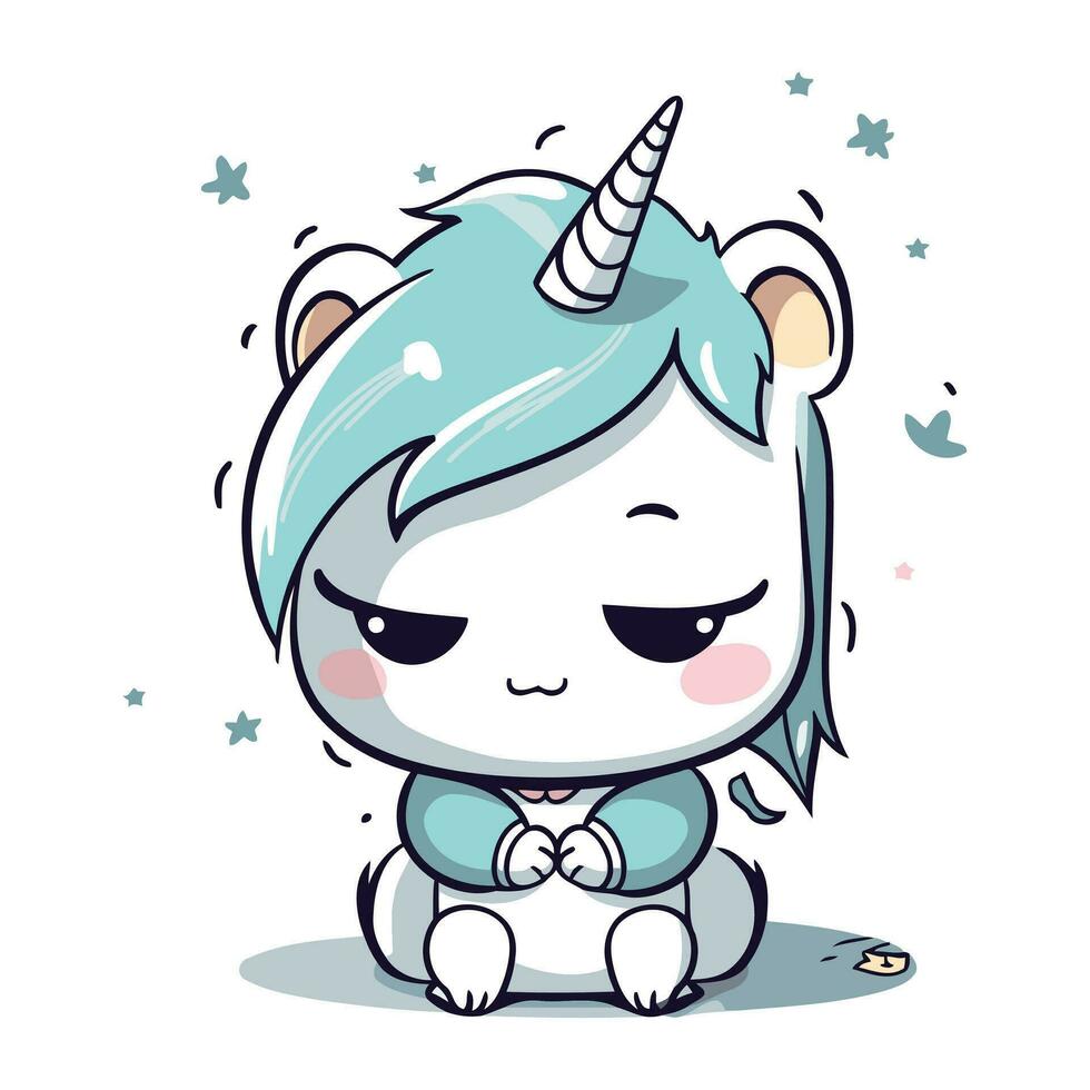 carino cartone animato unicorno con blu occhi. vettore illustrazione isolato su bianca sfondo.