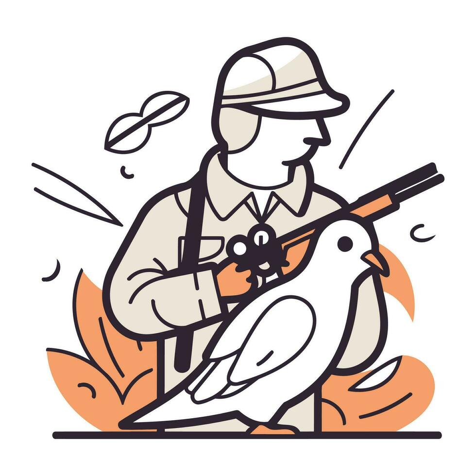 cacciatore con un' pistola e un' colomba. vettore illustrazione nel magro linea stile.
