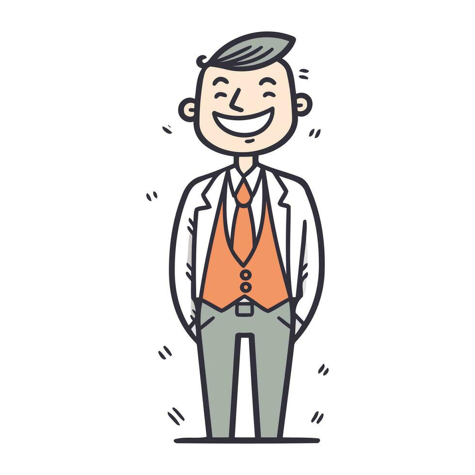 vettore illustrazione di un' sorridente uomo d'affari in piedi con mani nel il suo tasche.
