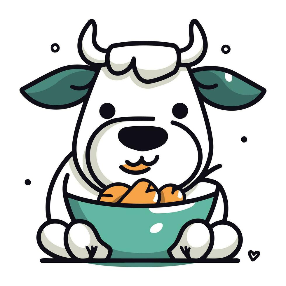 carino cartone animato mucca con un' ciotola di cibo. vettore illustrazione.