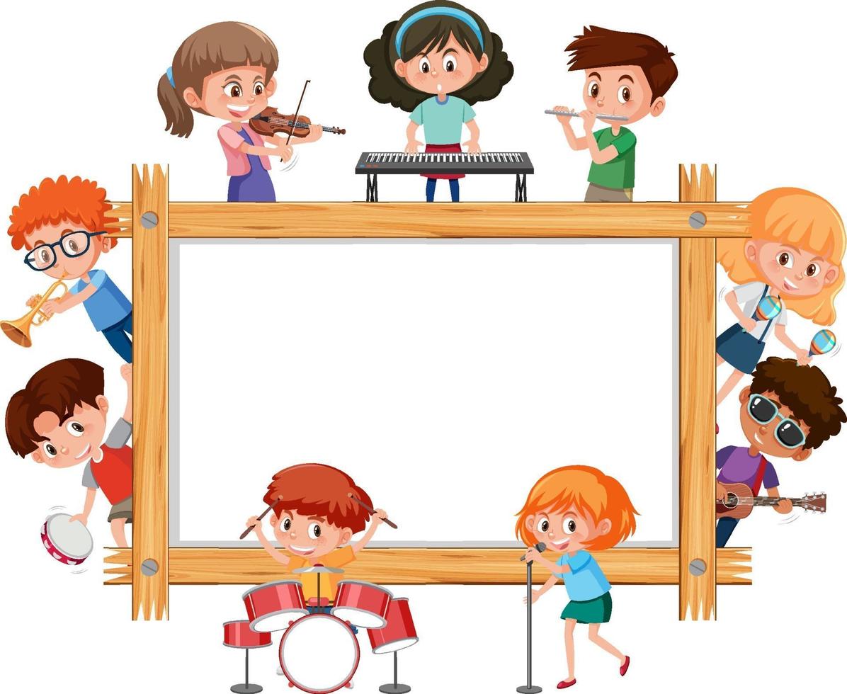 cornice di legno vuota con bambini che suonano diversi strumenti musicali vettore