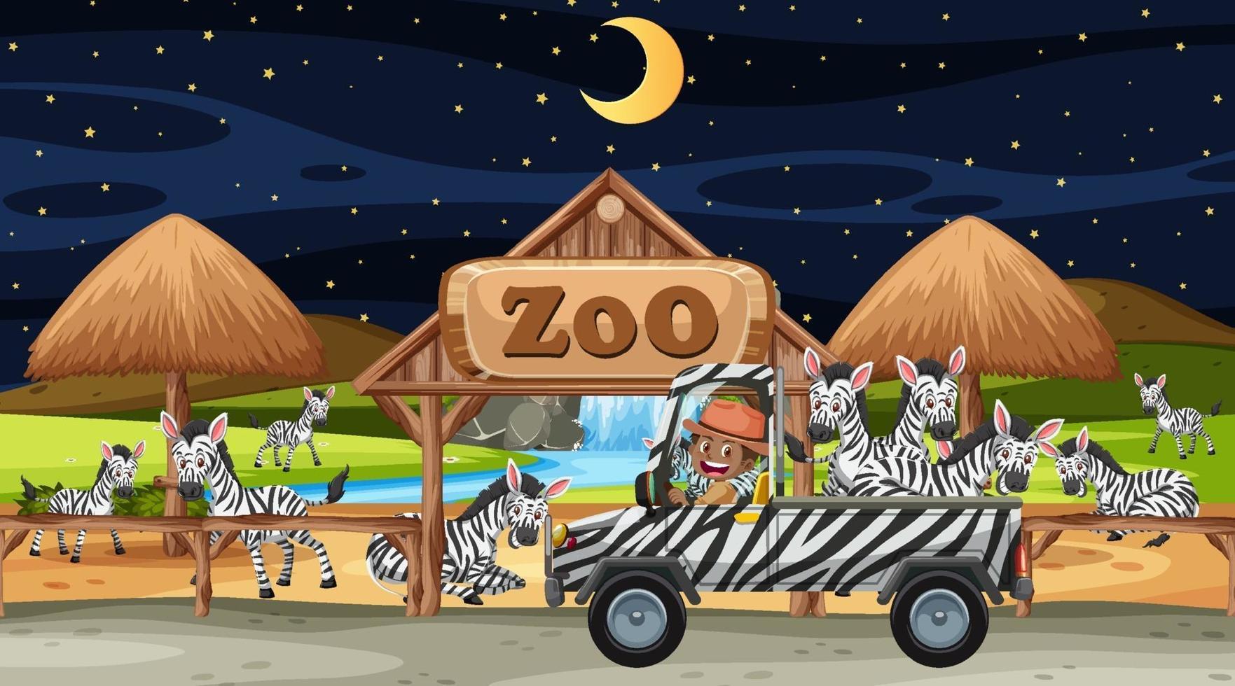 gruppo di zebre nella scena del safari con i bambini nell'auto turistica vettore