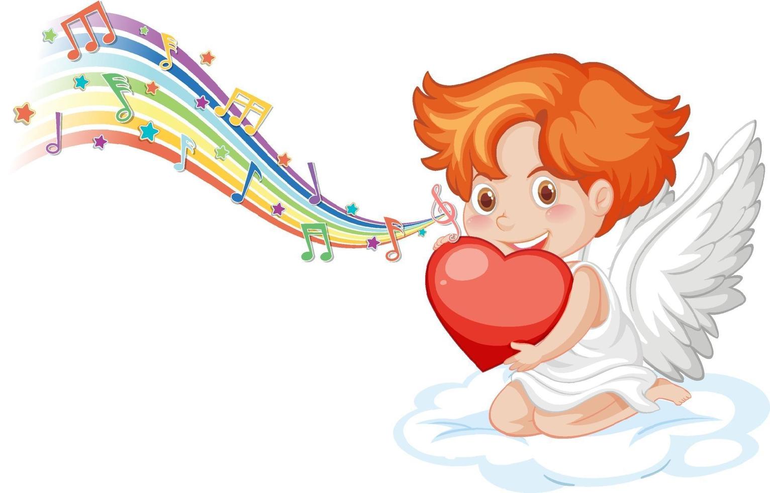 personaggio di angelo cupido con simboli di melodia sull'arcobaleno vettore