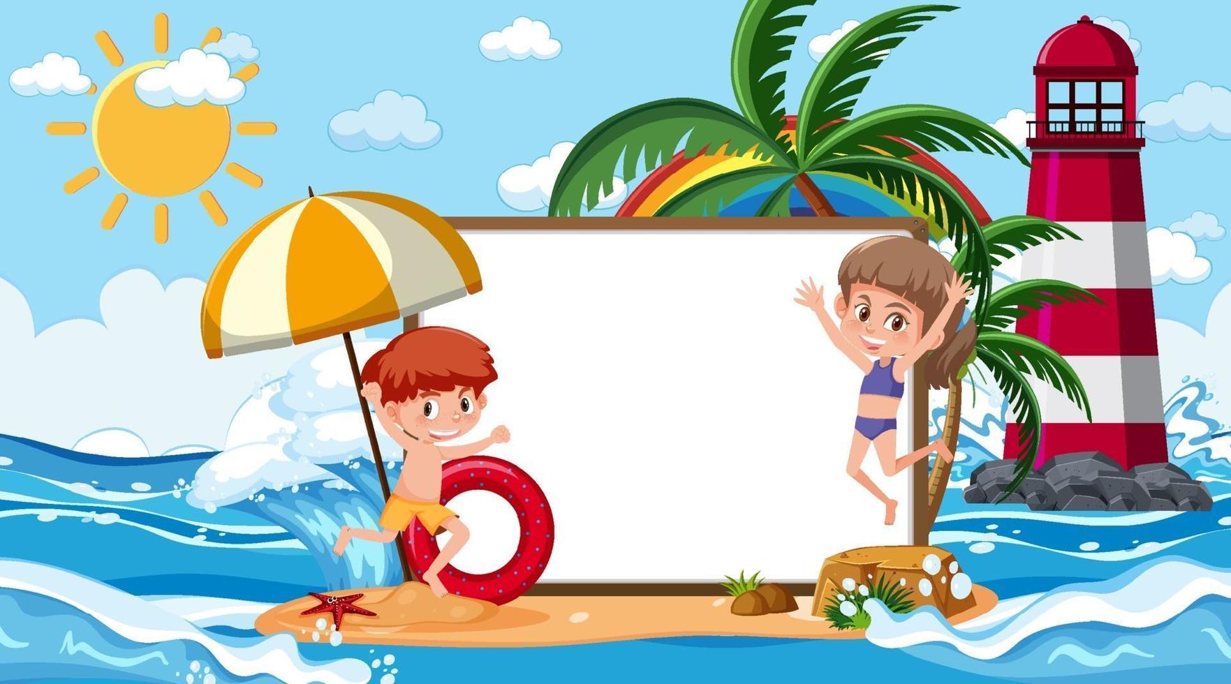 modello di banner vuoto con i bambini in vacanza sulla scena diurna della spiaggia vettore