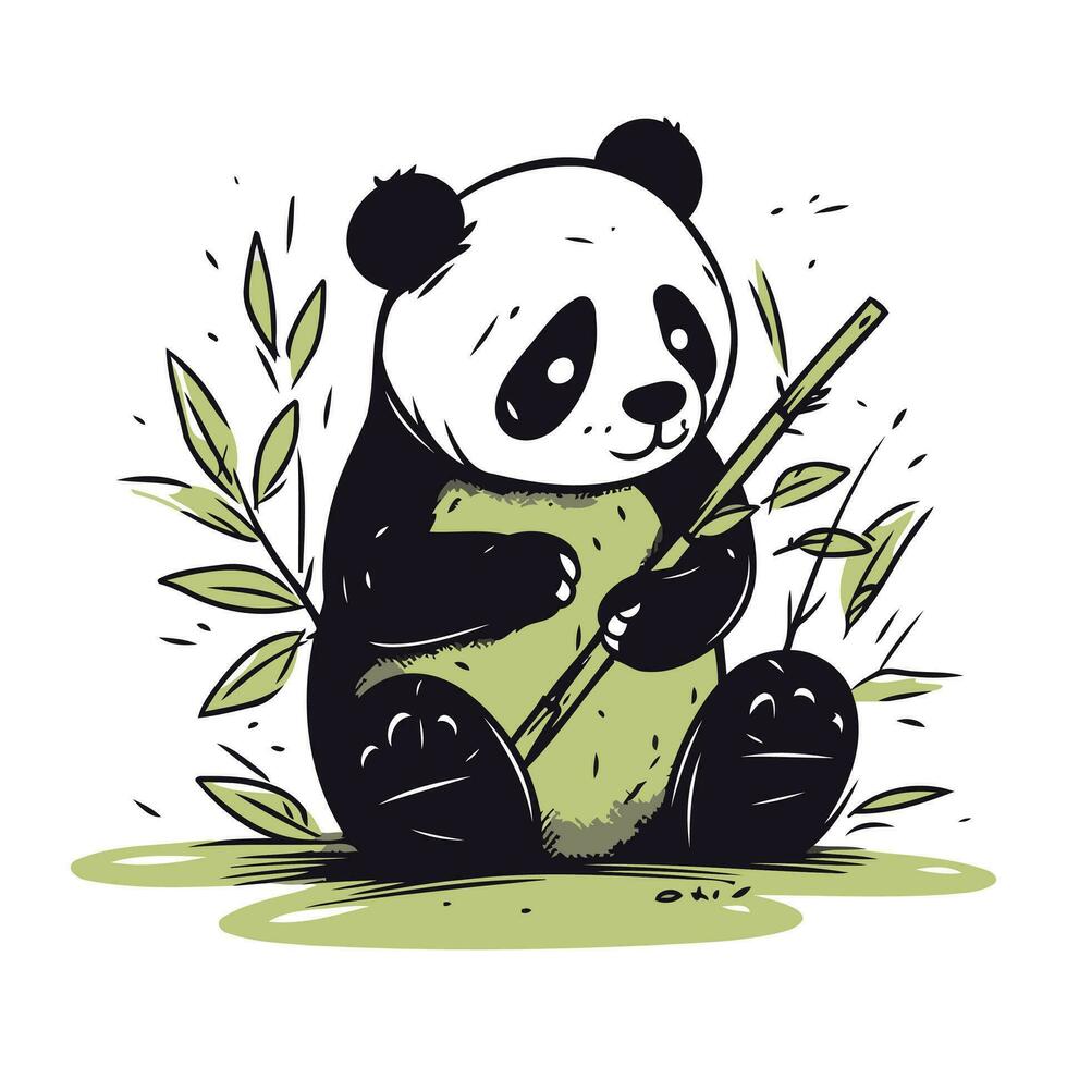 carino panda orso con bambù. mano disegnato vettore illustrazione.