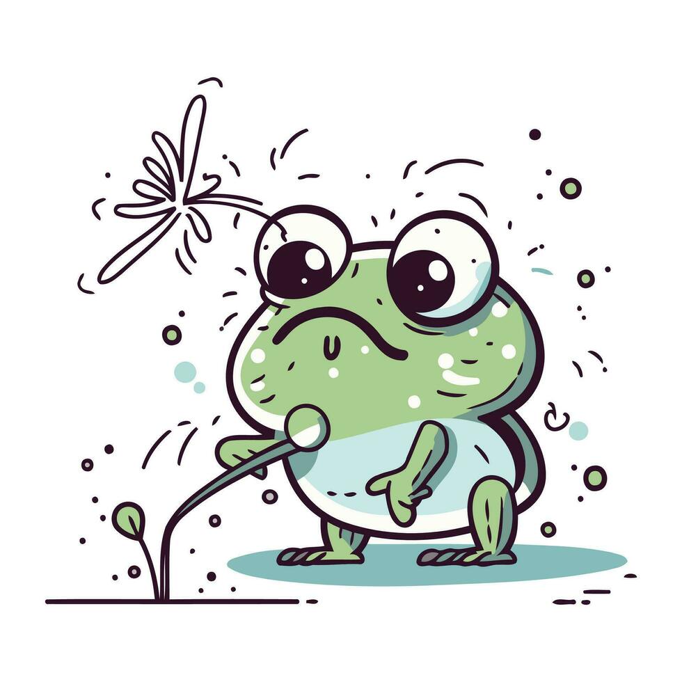 rana con un' libellula. vettore illustrazione di un' cartone animato rana.