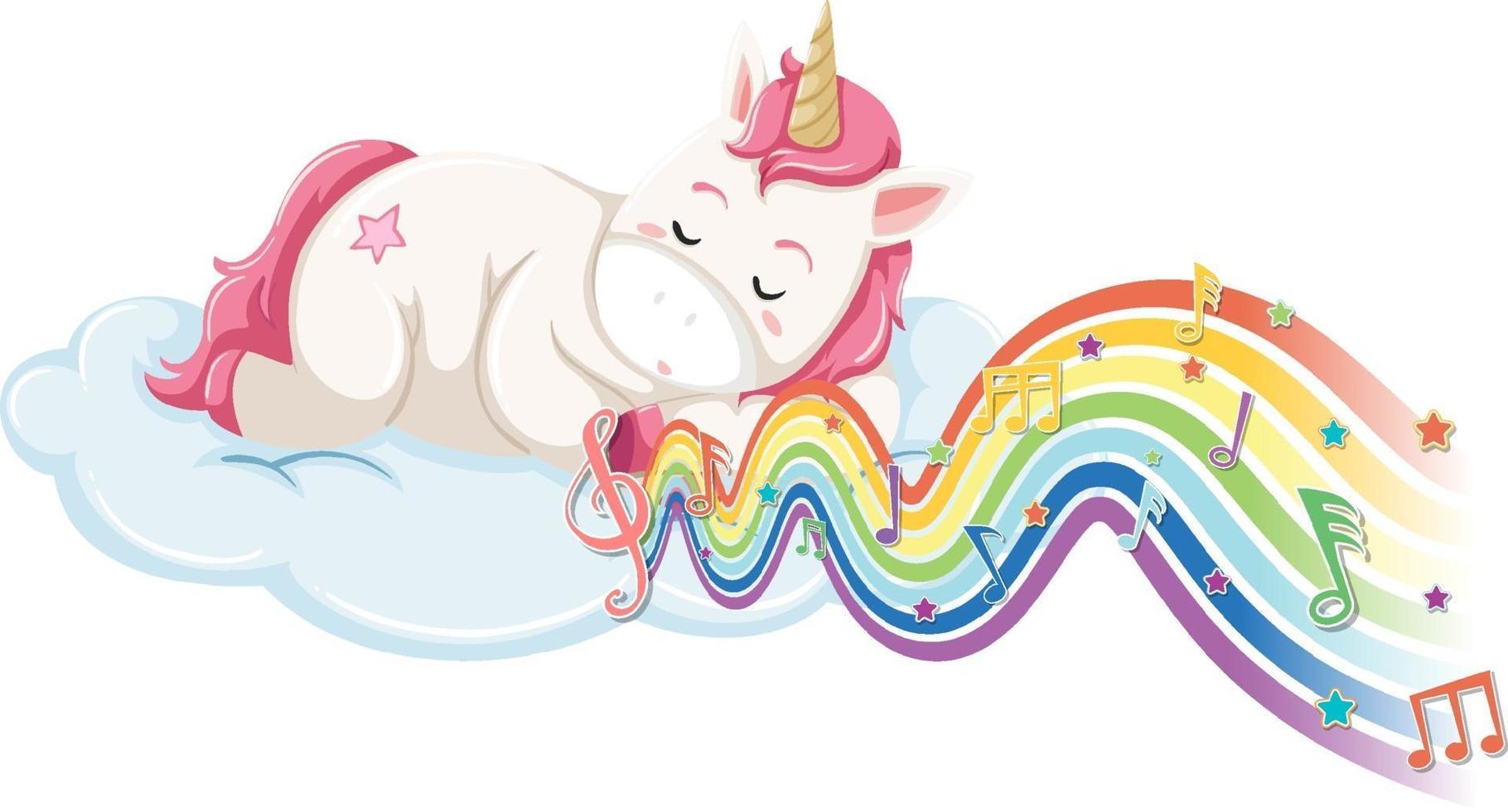 unicorno che dorme sulla nuvola con simboli di melodia sull'onda arcobaleno vettore