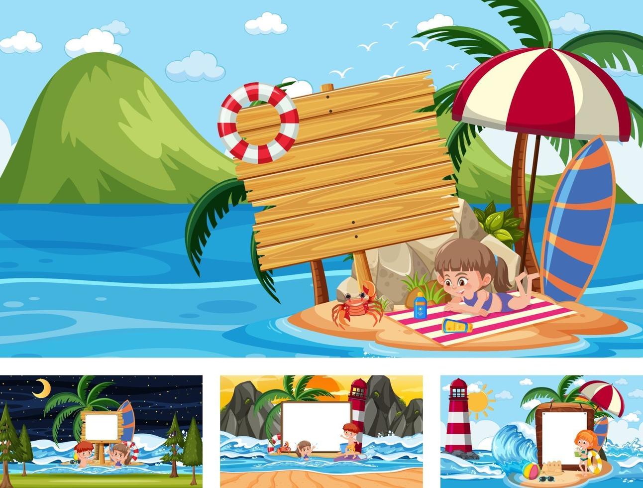 set di banner bianco in diverse scene di spiaggia tropicale vettore