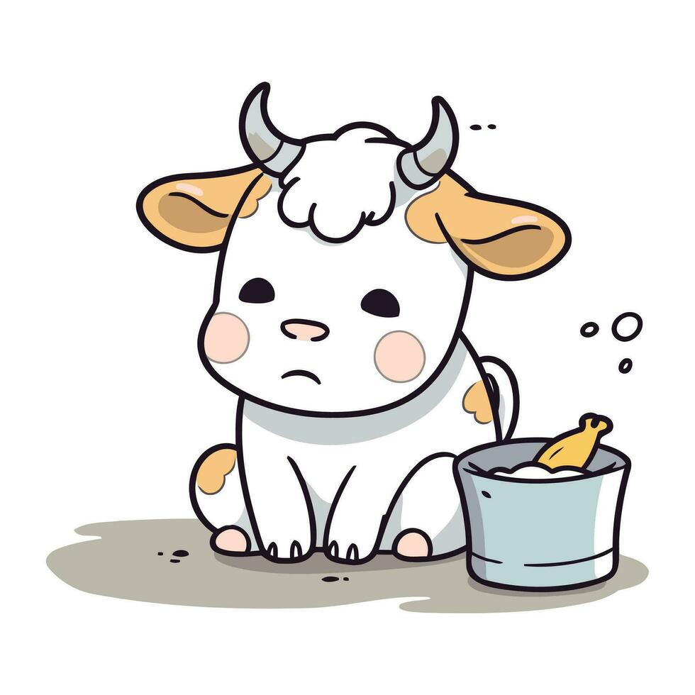 carino mucca con un' secchio di Mais. vettore cartone animato illustrazione.