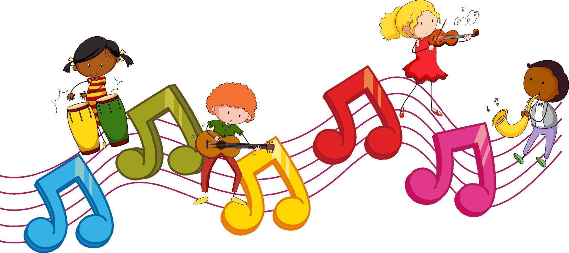 simboli di melodia musicale con molti personaggi dei cartoni animati per bambini scarabocchiati vettore