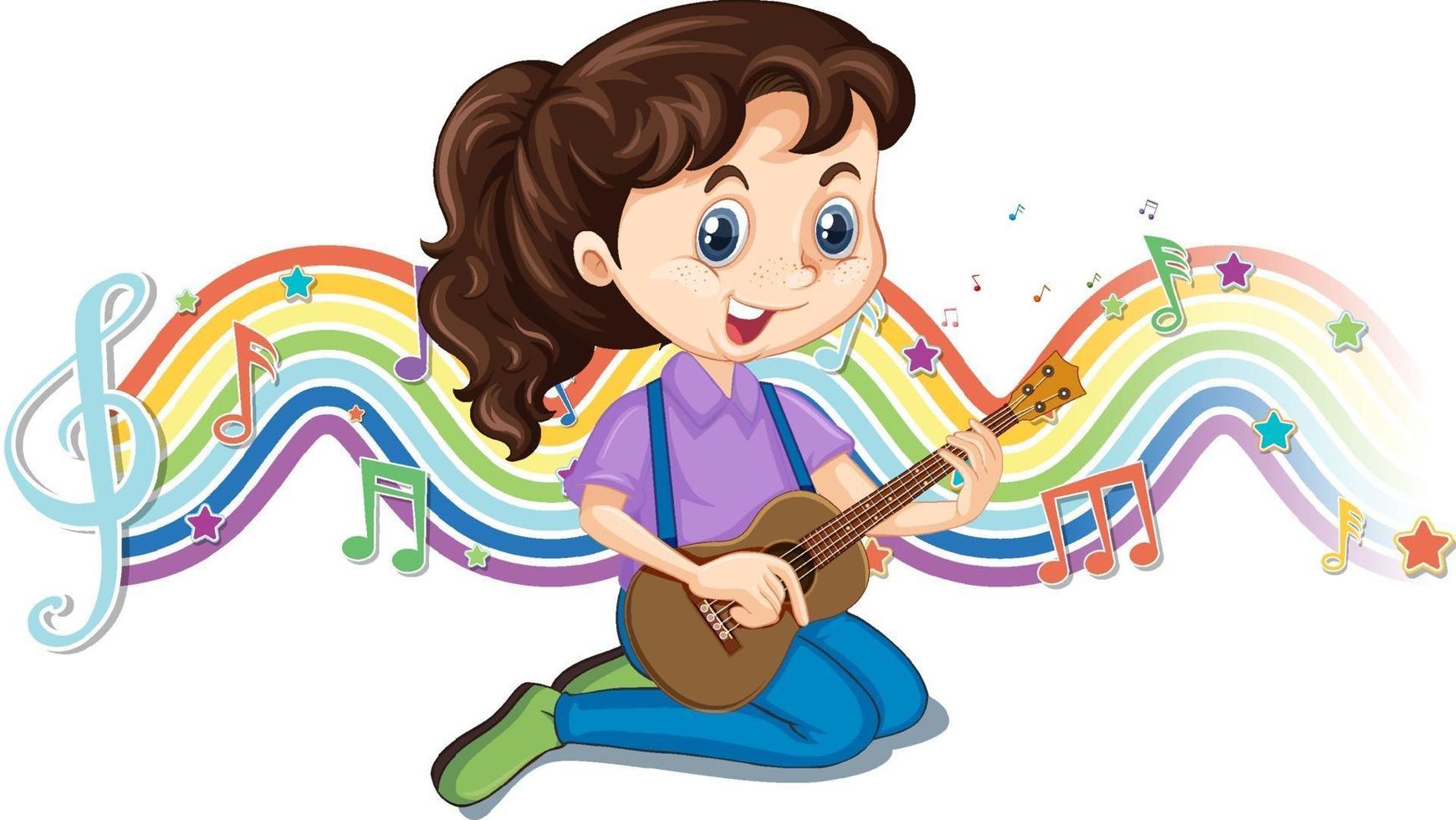 ragazza che suona la chitarra con i simboli della melodia sull'onda arcobaleno vettore