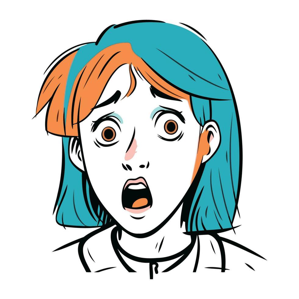 sorpreso donna. vettore illustrazione di un' ragazza con blu capelli.