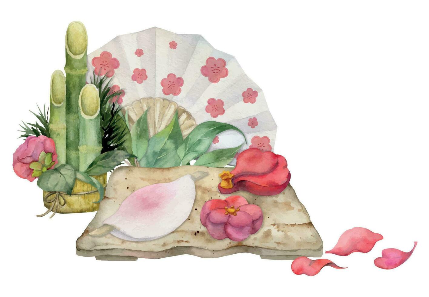 acquerello mano disegnato tradizionale giapponese dolci. ceramica piatto, wagashi di inverno camelia design isolato su bianca sfondo. design per inviti, ristorante menù, saluto carte, Stampa, tessile vettore