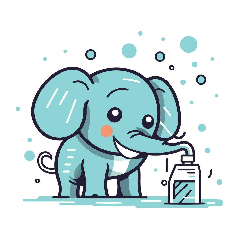 carino poco elefante con un' bottiglia di shampoo. vettore illustrazione.