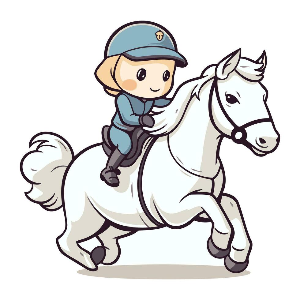 carino poco ragazzo equitazione un' bianca cavallo. cartone animato vettore illustrazione.