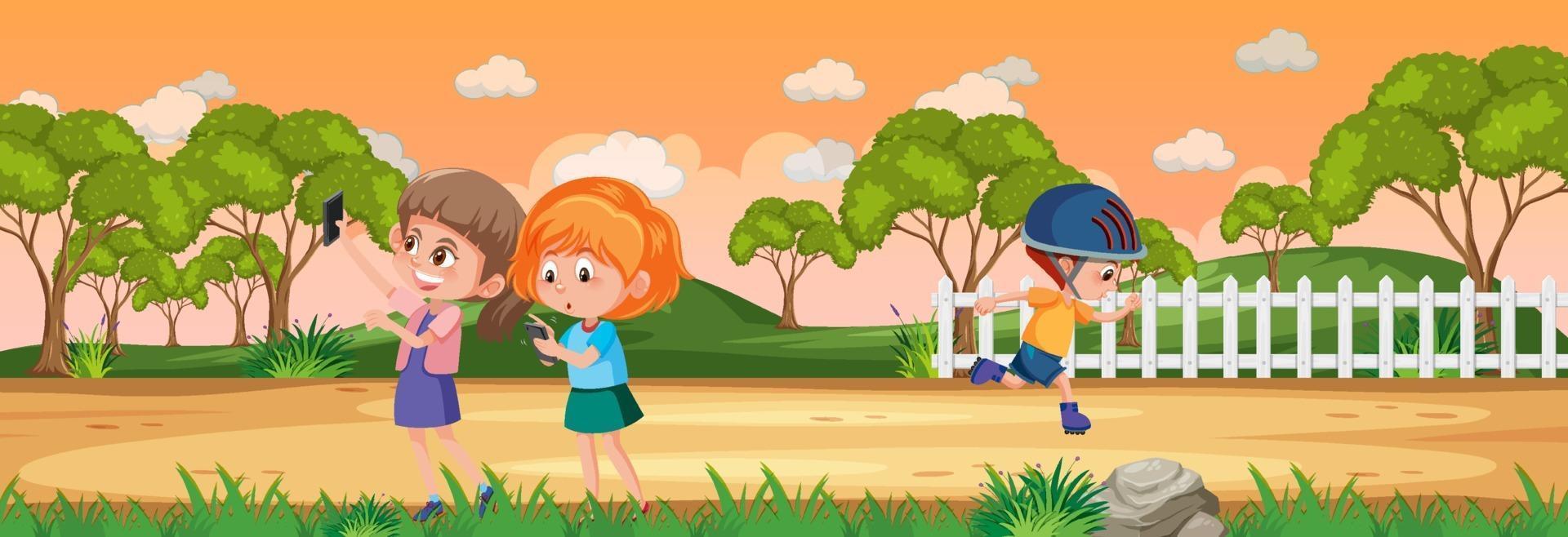 scena del paesaggio panoramico con molti personaggi dei cartoni animati per bambini vettore