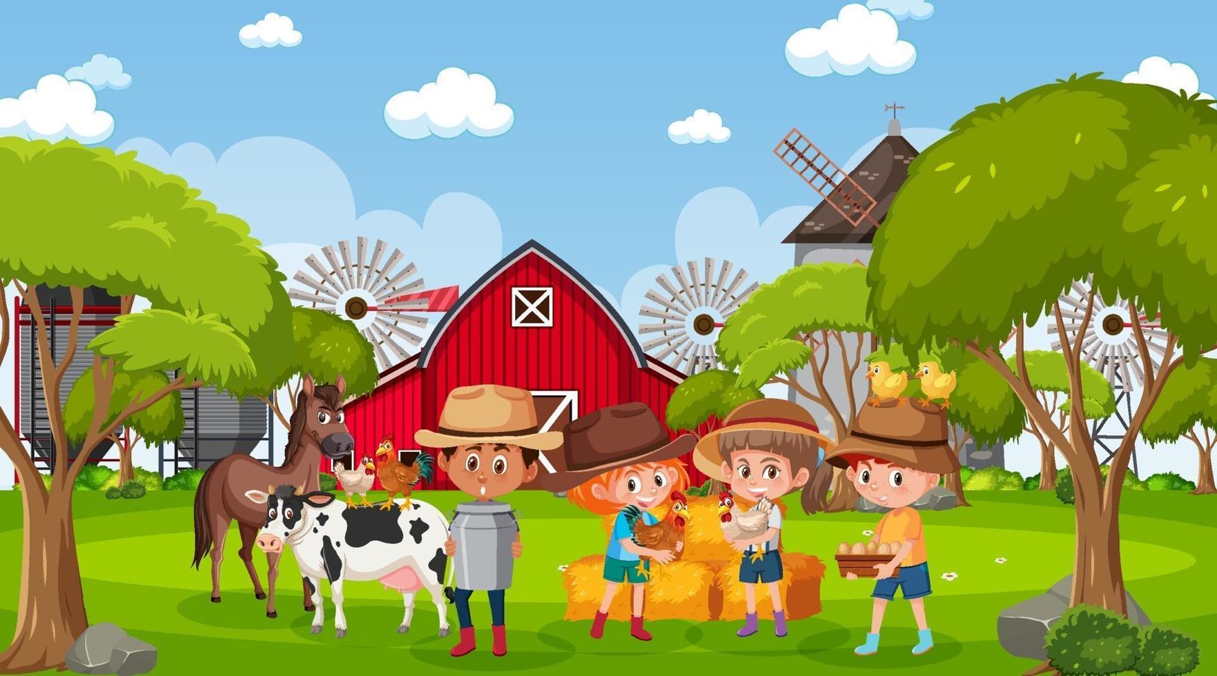 scena della fattoria con molti bambini e animali da fattoria vettore