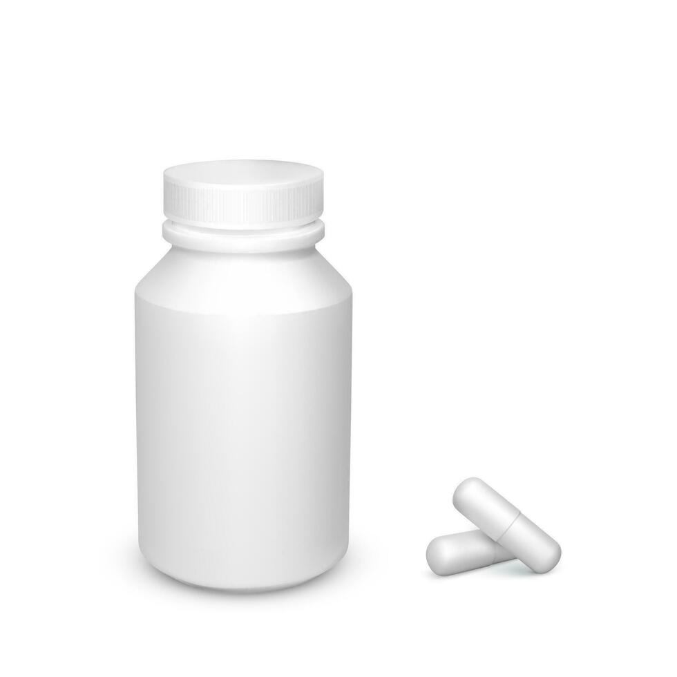 realistico contenitore con compresse. bianca droga capsule. assistenza sanitaria e medicina oggetto per bandiera o manifesto. vettore