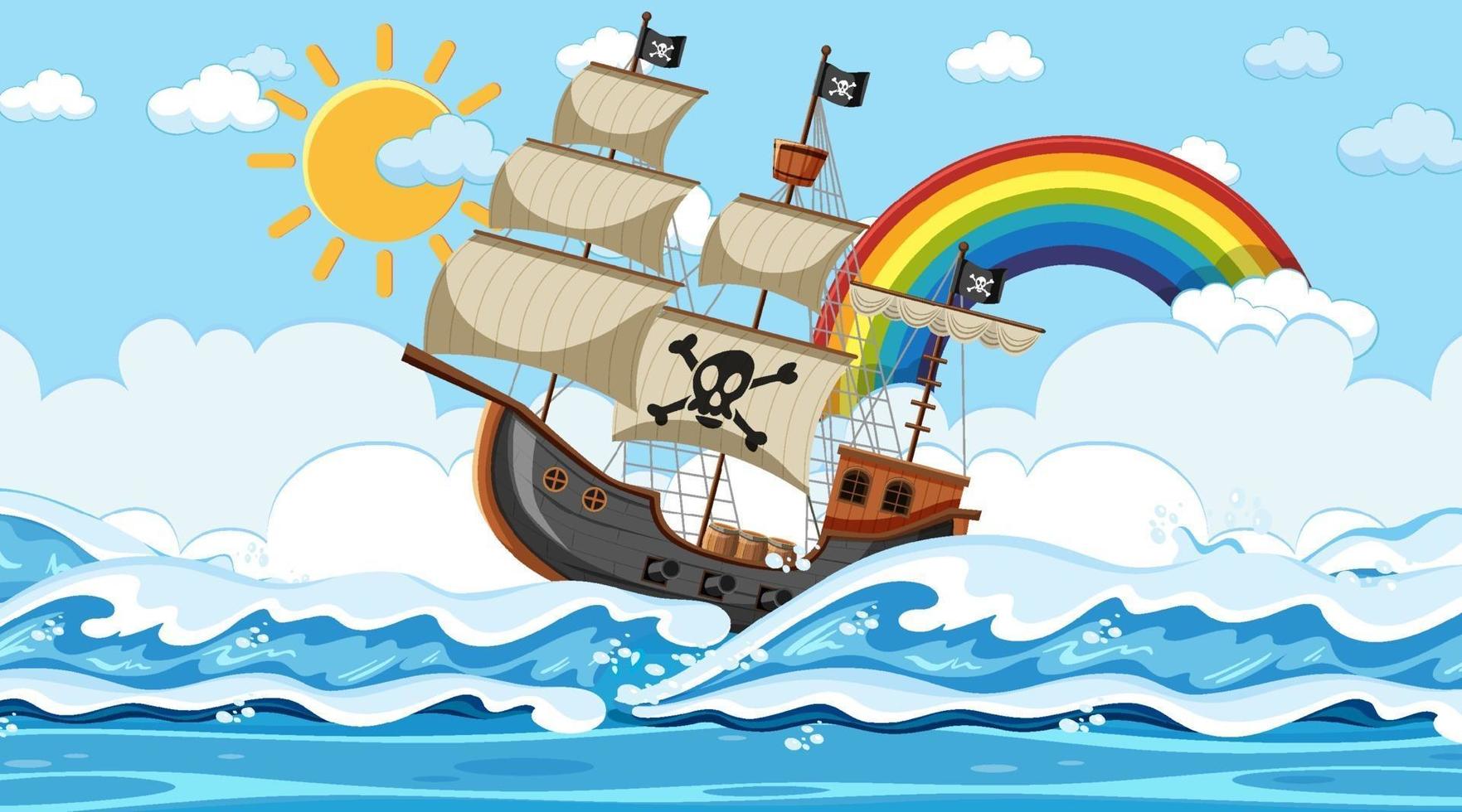 scena dell'oceano durante il giorno con la nave pirata in stile cartone animato vettore