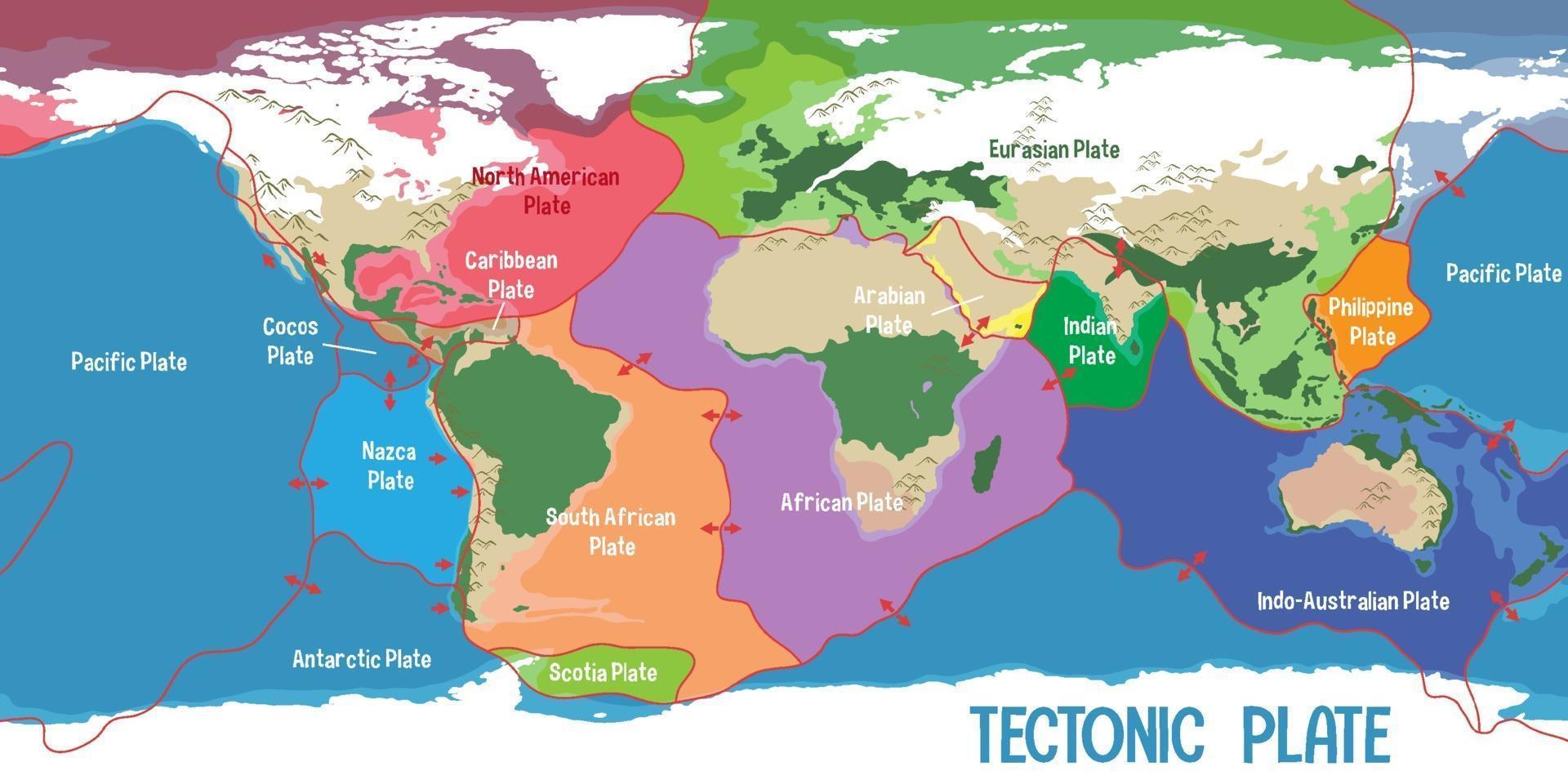 mappa del mondo che mostra i confini delle placche tettoniche vettore