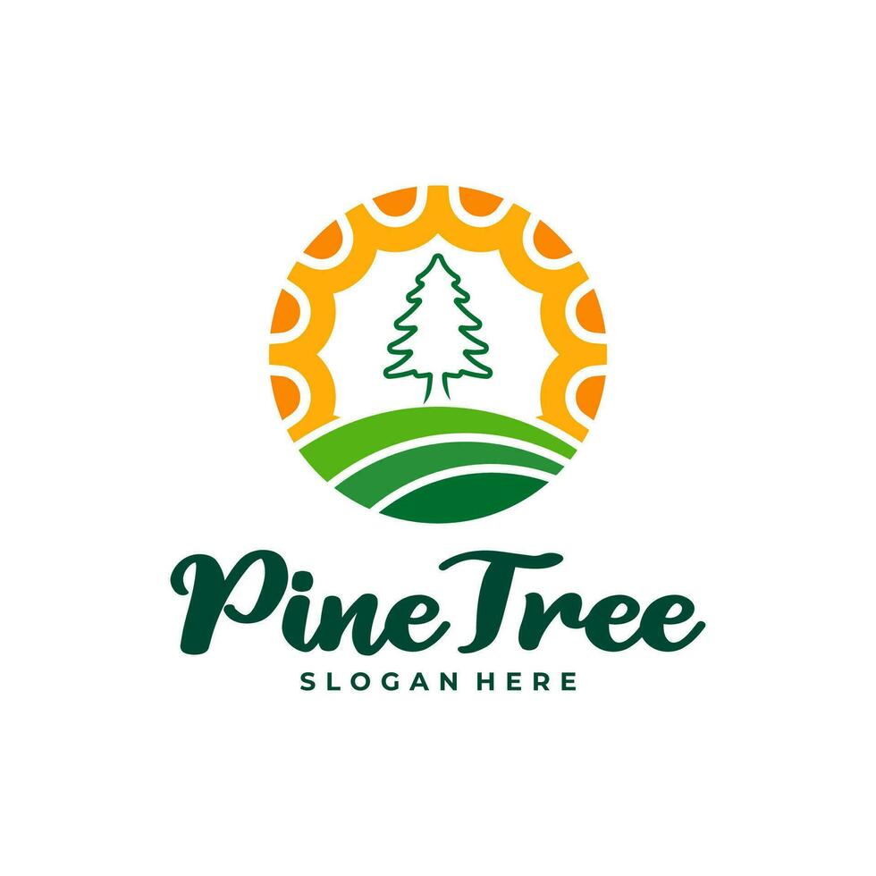pino albero con sole logo design vettore. creativo pino albero logo concetti modello vettore