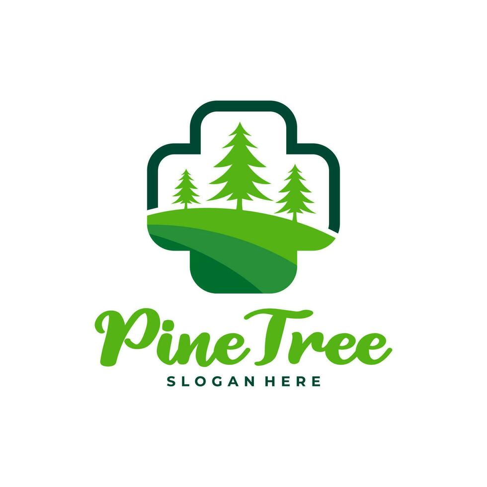pino albero con Salute più logo design vettore. creativo pino albero logo concetti modello vettore