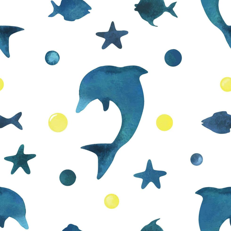 sagome di un' delfino, pesce, stella marina e puntini nel blu, turchese e giallo. acquerello illustrazione, mano disegnato nel infantile stile. senza soluzione di continuità modello su un' bianca sfondo vettore