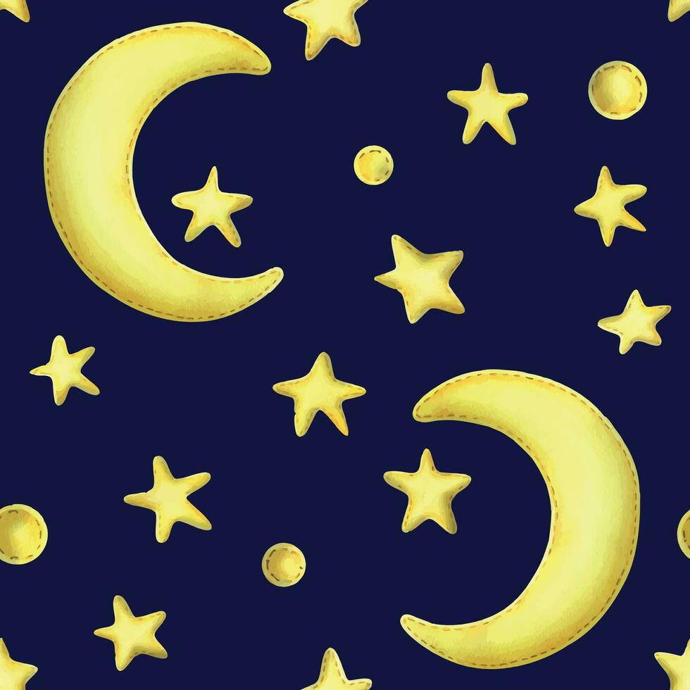 giallo metà Luna con stelle a partire dal tessuto con filo punti. acquerello illustrazione, mano disegnato. senza soluzione di continuità modello su un' buio blu sfondo. vettore