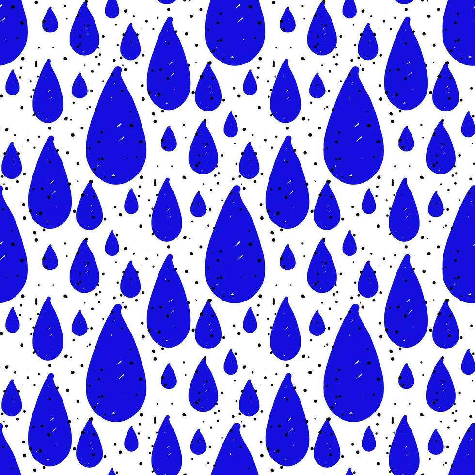senza soluzione di continuità modello di acqua goccioline. pioggia sfondo. vettore illustrazione nel colorato colpi. marcatore colorazione gocce di pioggia di diverso dimensioni nel blu con nero punti, piace rumore, su un' bianca sfondo