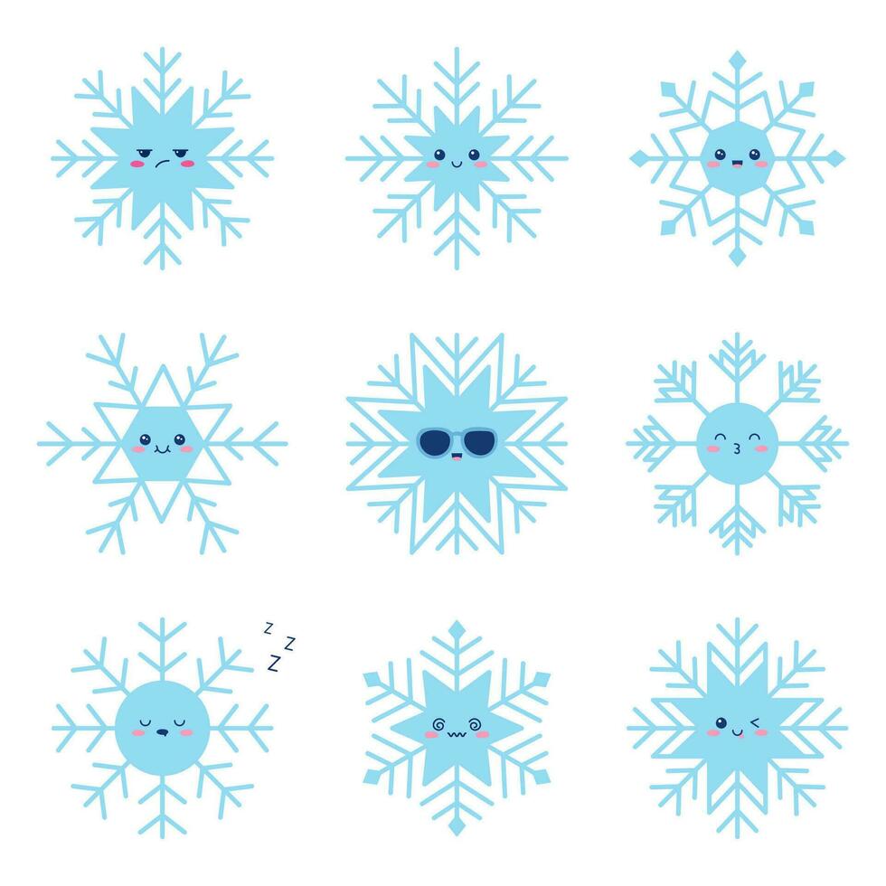 kawaii fiocco di neve personaggio impostato con divertente viso. inverno cartone animato vettore illustrazione