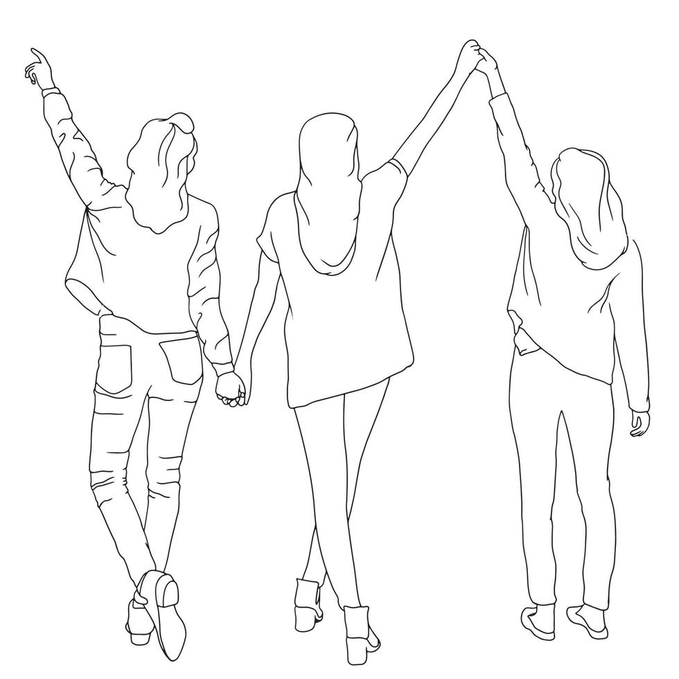 disegni da colorare - tre ragazze che intrecciano le mani in aria, vettore