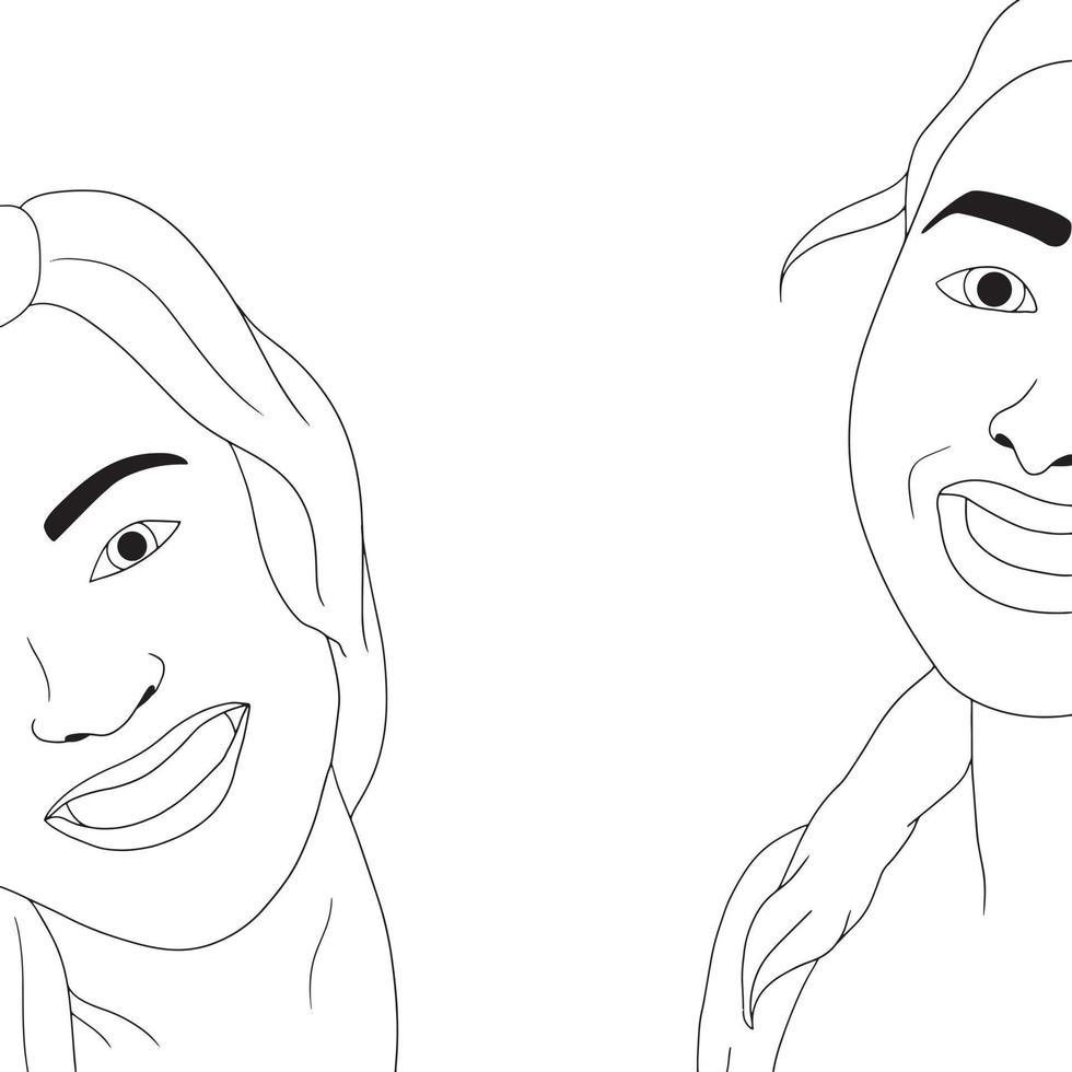 pagine da colorare primo piano disegno del viso di due ragazze, vettore