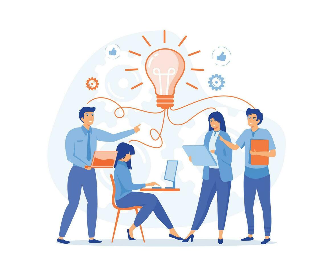 collaborazione brainstorming, condivisione e ricerca attività commerciale idee. scoperta creativo soluzioni per compiti, ufficio lavoratori Condividere idee, piatto vettore moderno illustrazione