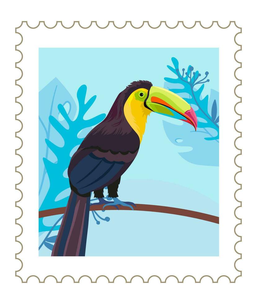 timbro postale con tucano uccello e tropicale le foglie vettore