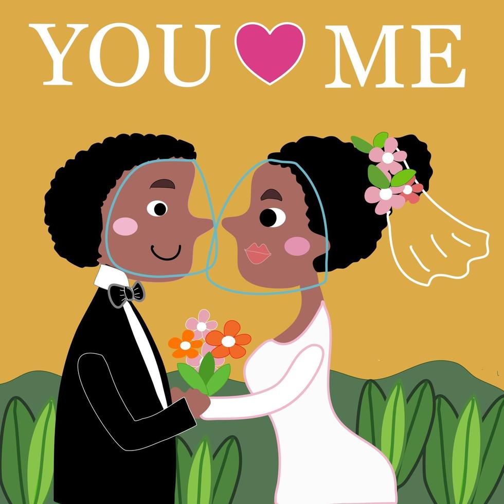 sposi africani amano nel cartone animato di matrimonio in giardino covid vettore