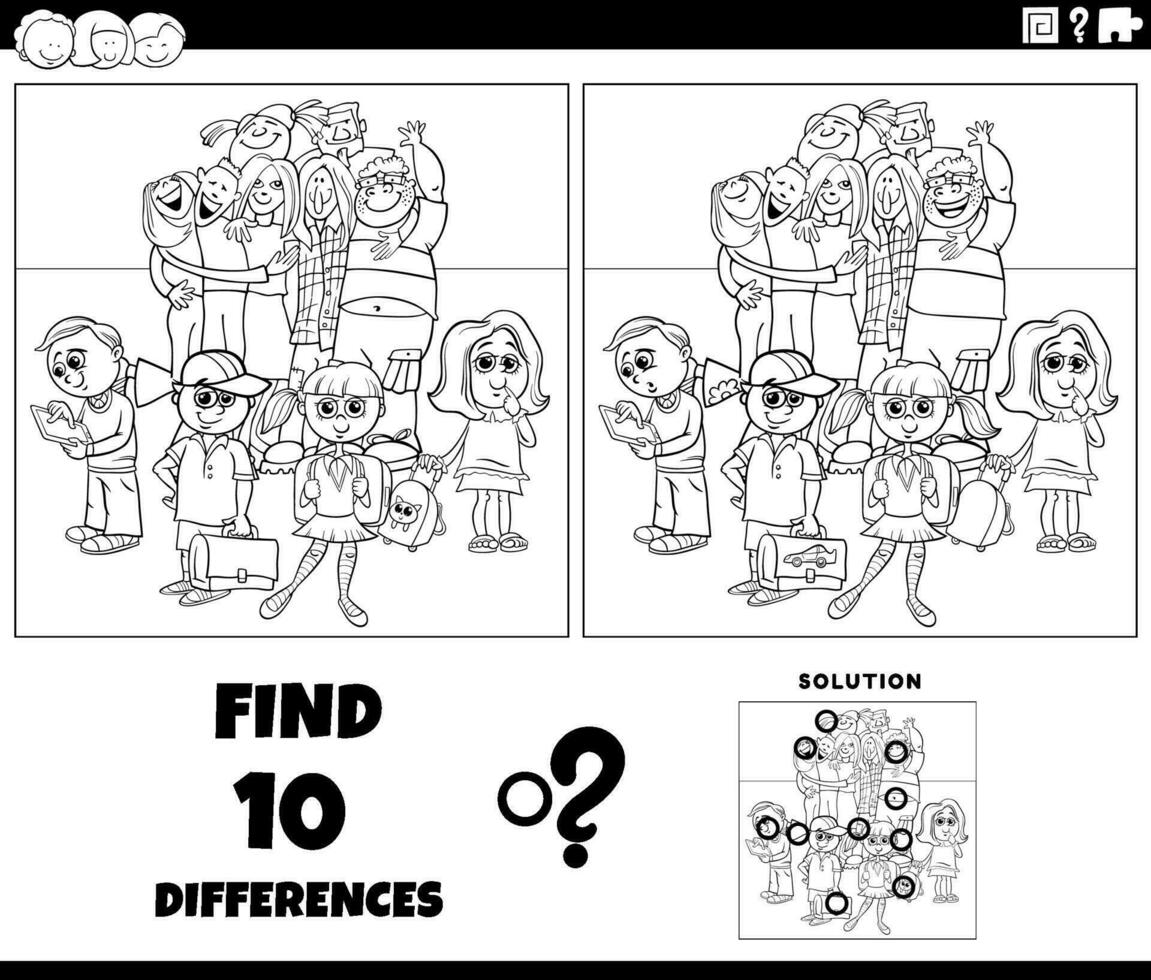 differenze gioco con cartone animato allievi e studenti colorazione pagina vettore