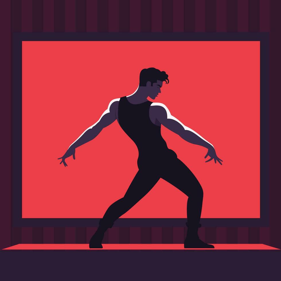 ballerino contro un' rosso fondale piatto stile vettore illustrazione, maschio ballerino danza su un' a tema rosso palcoscenico azione vettore Immagine