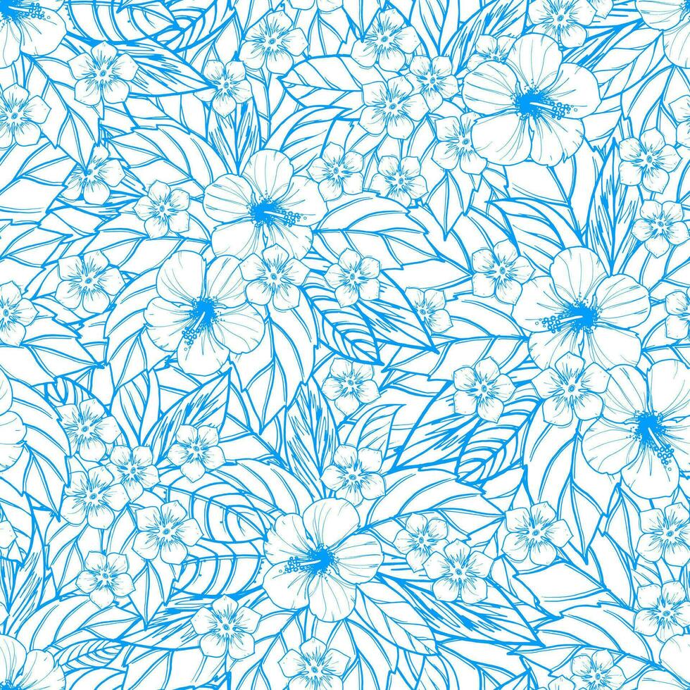 blu senza soluzione di continuità floreale modello con ibisco fiori e le foglie vettore