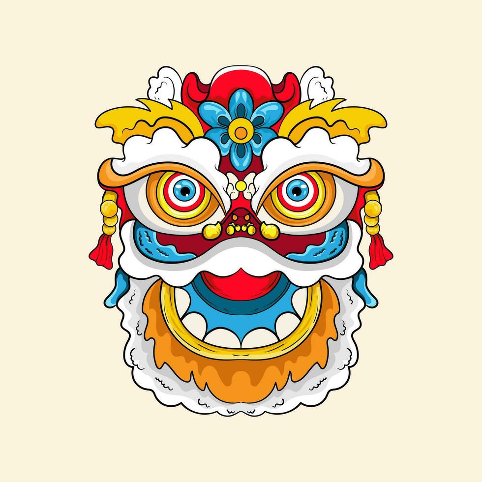 Cinese Leone danza testa, Cina lunare nuovo anno Drago maschera. tradizionale asiatico carattere, costume per vacanza celebrazione, cartone animato design elemento isolato su bianca sfondo vettore