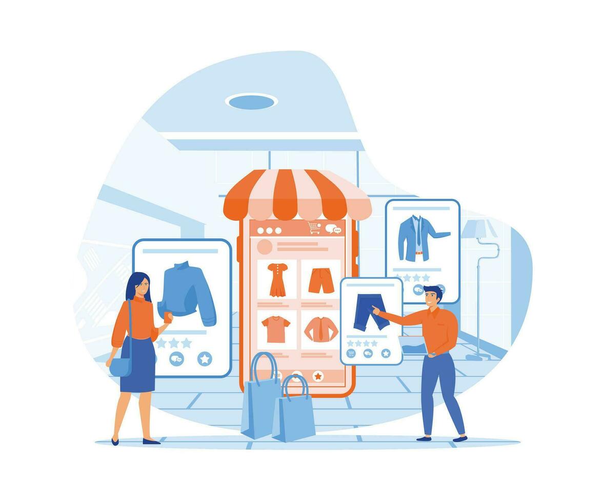 mobile shopping concetto. un' uomini e un' donna acquistare cose nel il in linea negozio. piatto vettore moderno illustrazione