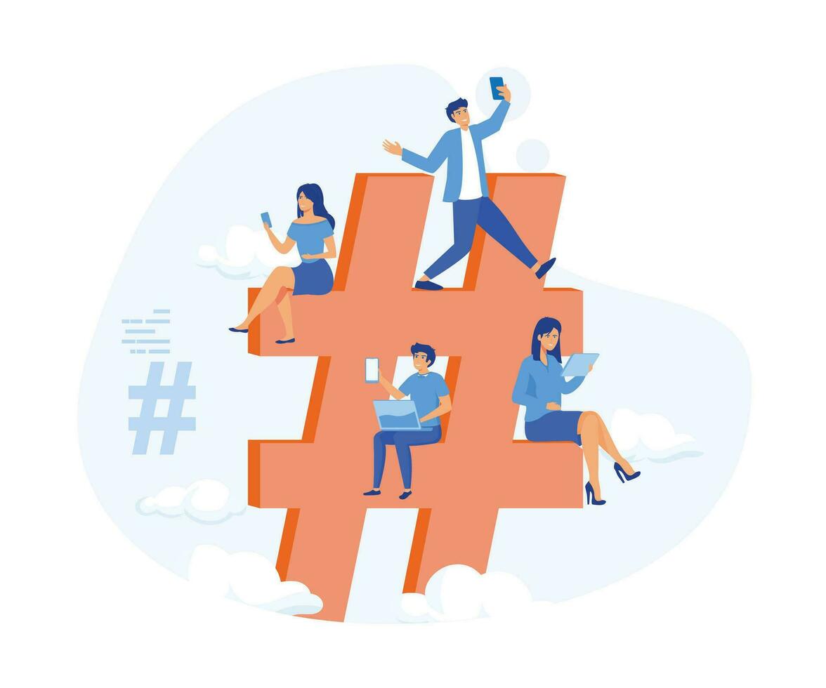 hashtag concetto illustrazione di giovane persone utilizzando mobile tavoletta e smartphone per invio messaggi e condivisione loro nel sociale media. piatto vettore moderno illustrazione