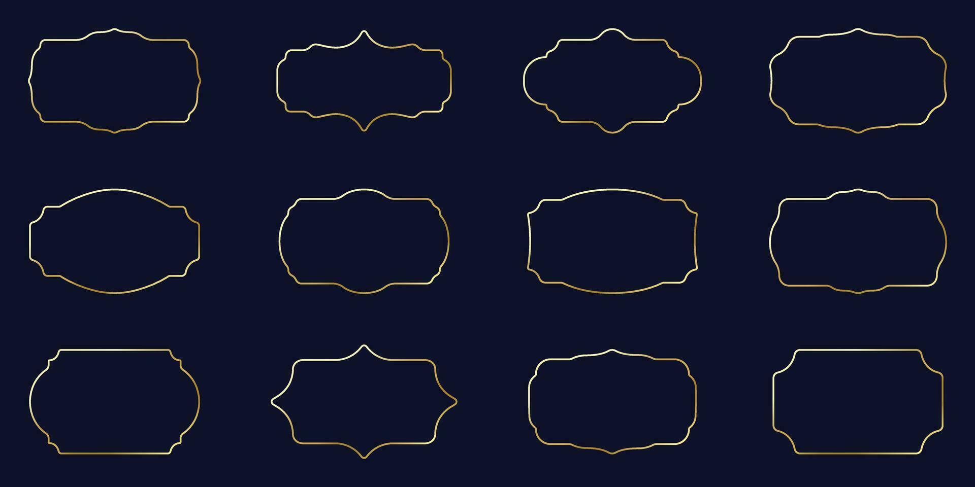 oro telaio linea icona impostare. vuoto vecchio d'oro confine pittogramma. immagine telaio per Museo esposizione. vuoto decorativo distintivo simbolo collezione su nero sfondo. isolato vettore illustrazione.