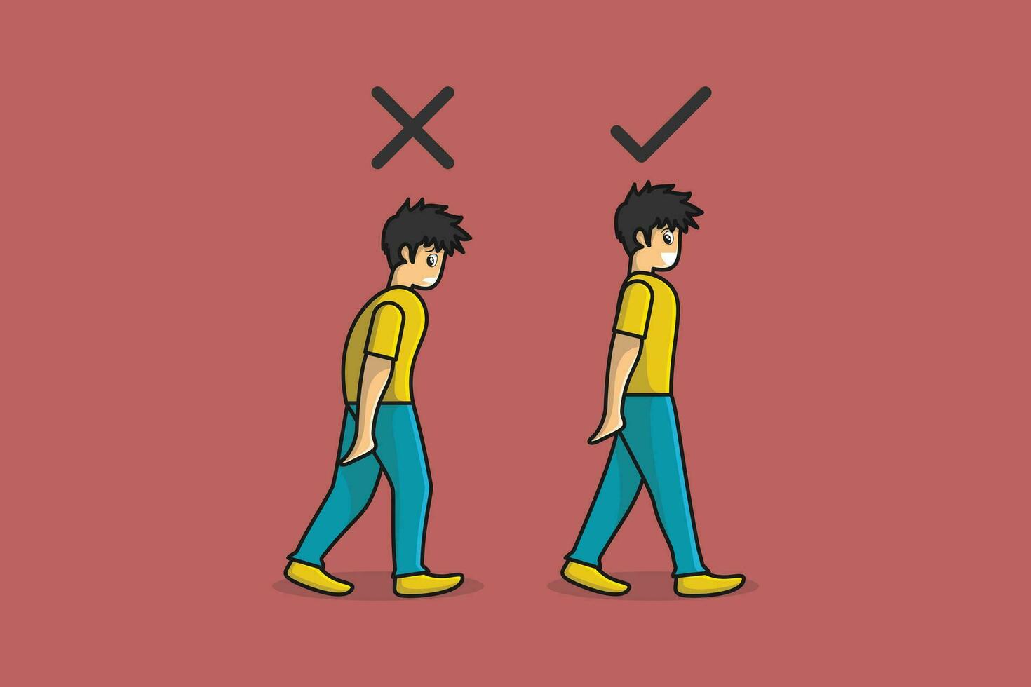 sbagliato e corretta posizioni per camminare vettore illustrazione. persone assistenza sanitaria icona concetto. movimento animazione di il personaggio vettore design.