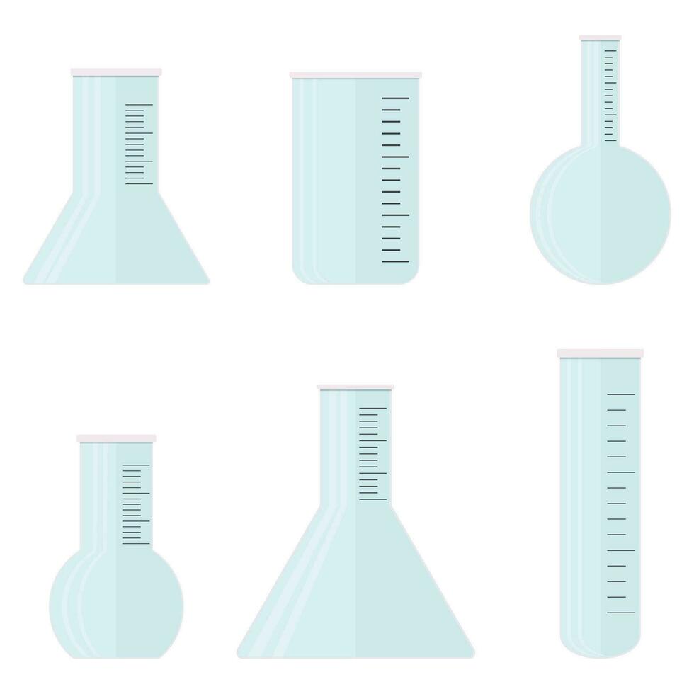 cristalleria per laboratorio piatto impostato vettore. collezione di laboratorio bicchiere attrezzatura per chimica, borraccia coppa per laboratorio medico sperimentare illustrazione vettore