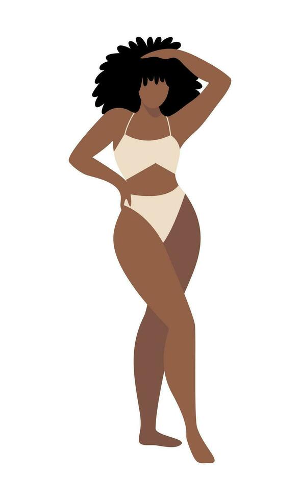 più dimensione nero donna nel un' costume da bagno. femmina formosa carattere. positivo corpo concetto. isolato vettore illustrazione