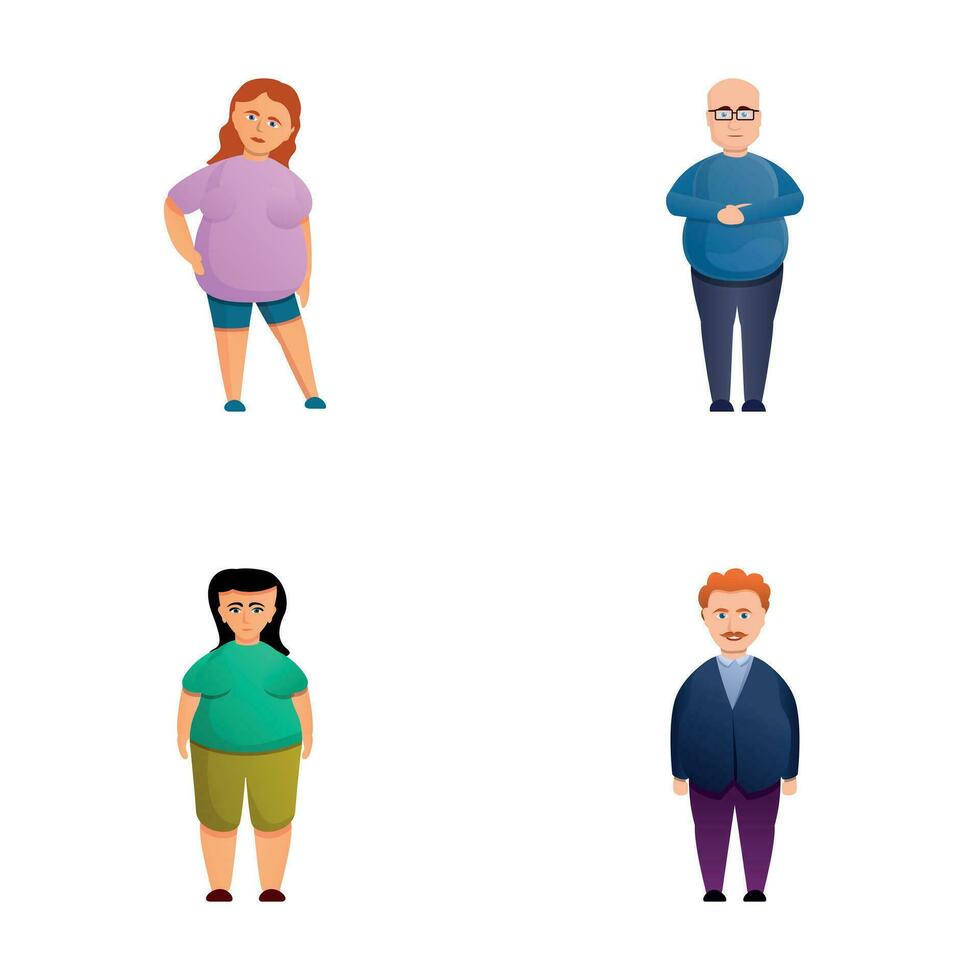sovrappeso persona icone impostato cartone animato vettore. uomo e donna sovrappeso vettore
