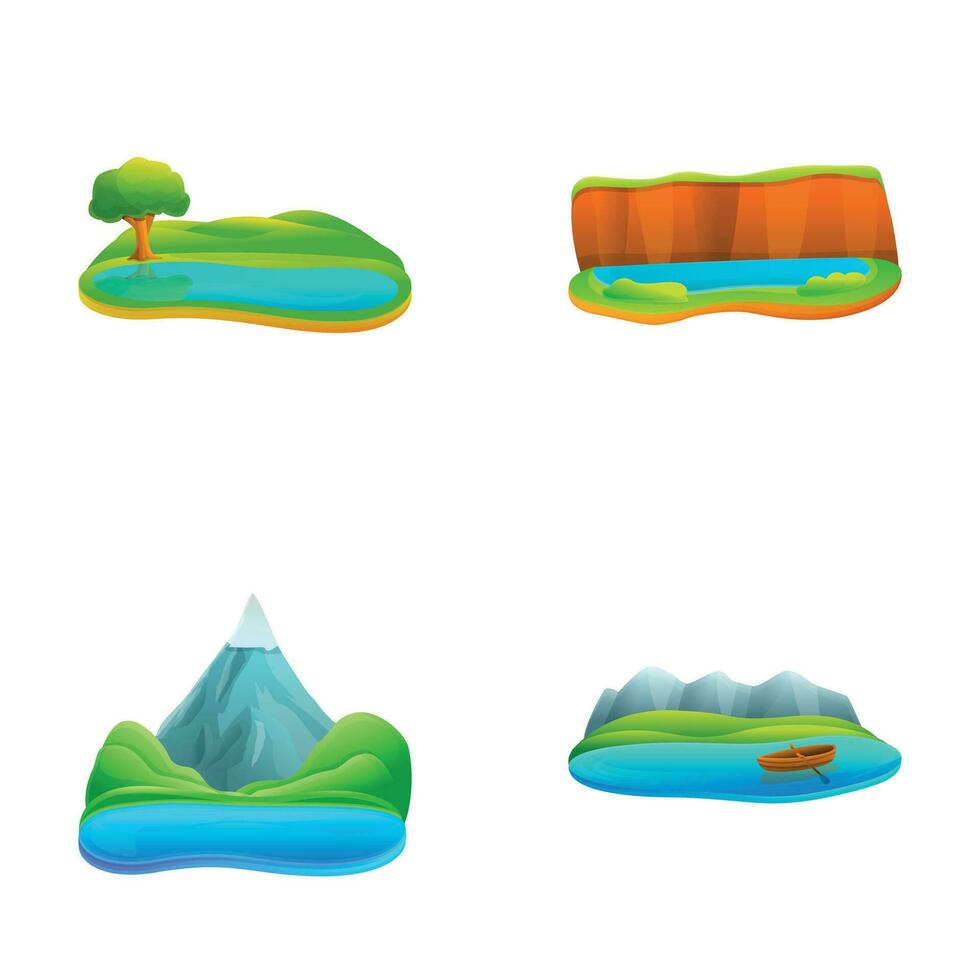lago icone impostato cartone animato vettore. vario bellissimo lago vettore