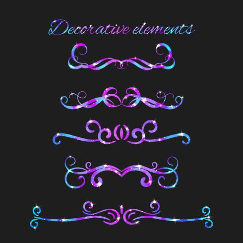 Vector fiorisce. Divisori Turbinii decorativi disegnati a mano con glitter. Decorazioni calligrafiche con scintillii. Struttura dello spazio. Effetto stelle brillanti.