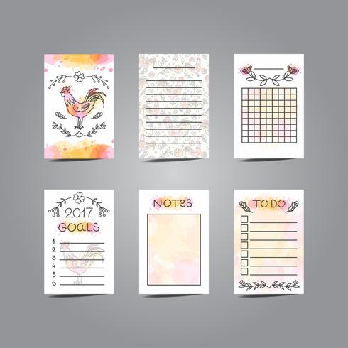 Carte di journaling stampabili con illustrazione del gallo. Stile della linea vettore