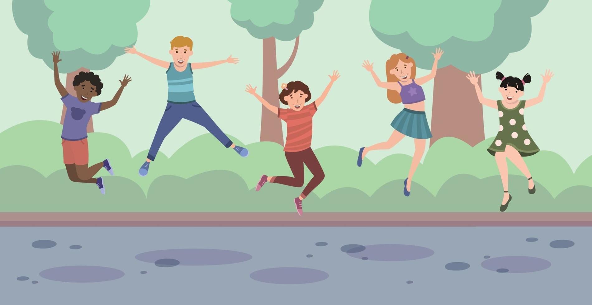 cinque bambini felici che saltano di gioia sullo sfondo della foresta vettore